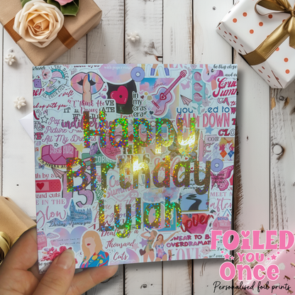 Personalised Pop Star Inspired Happy Birthday Card | 6x6 Holographic Foil Birthday Card