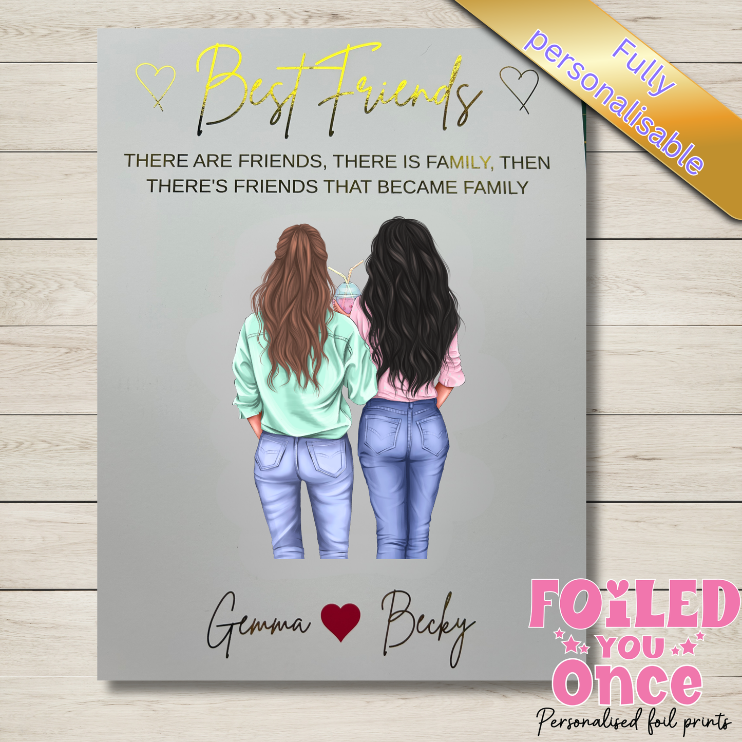 Personalised Best Friends Wall Art Print – Foil Writing – A4 Unframed