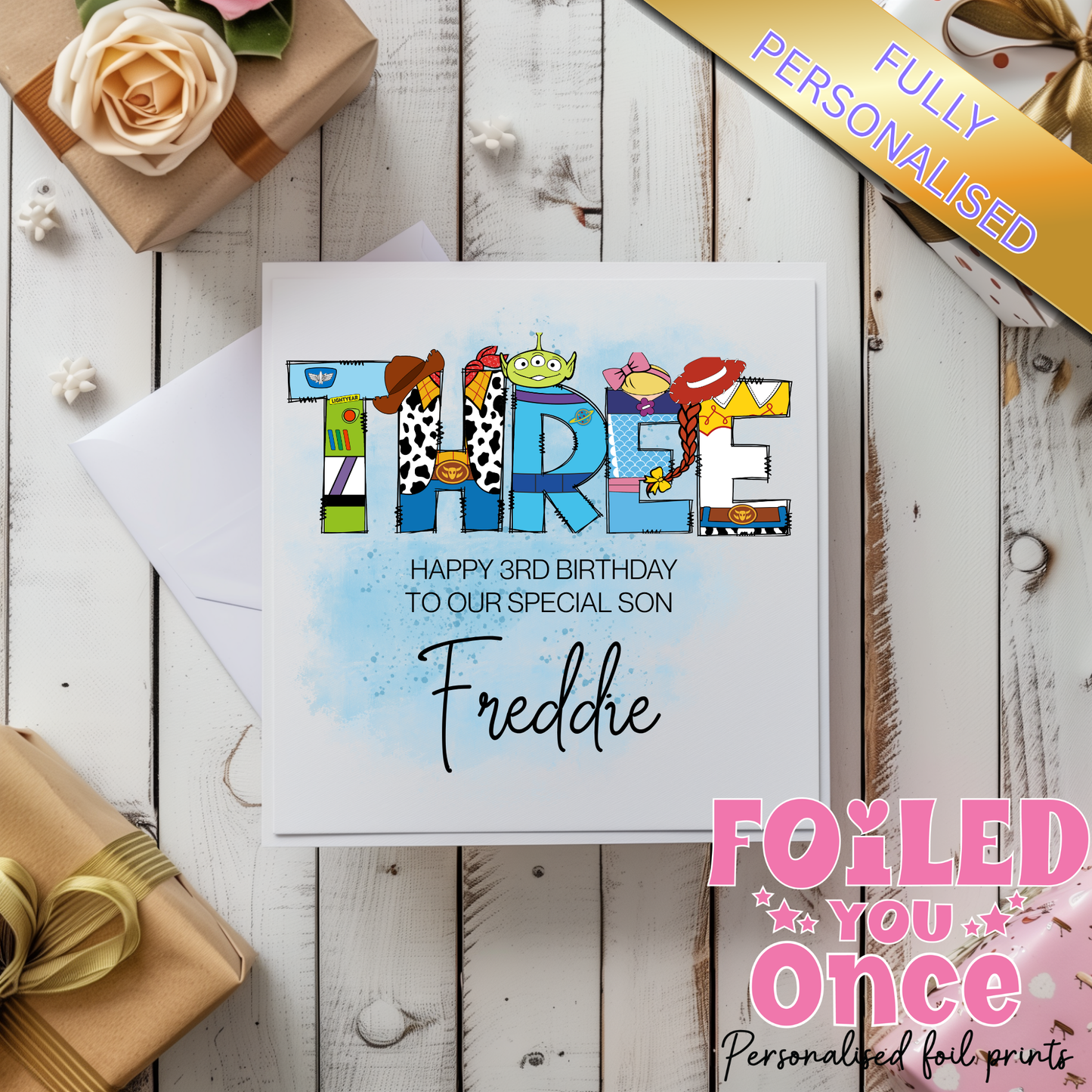 Personalised Toy Story Inspired Birthday Card – 6x6 Custom Name Card