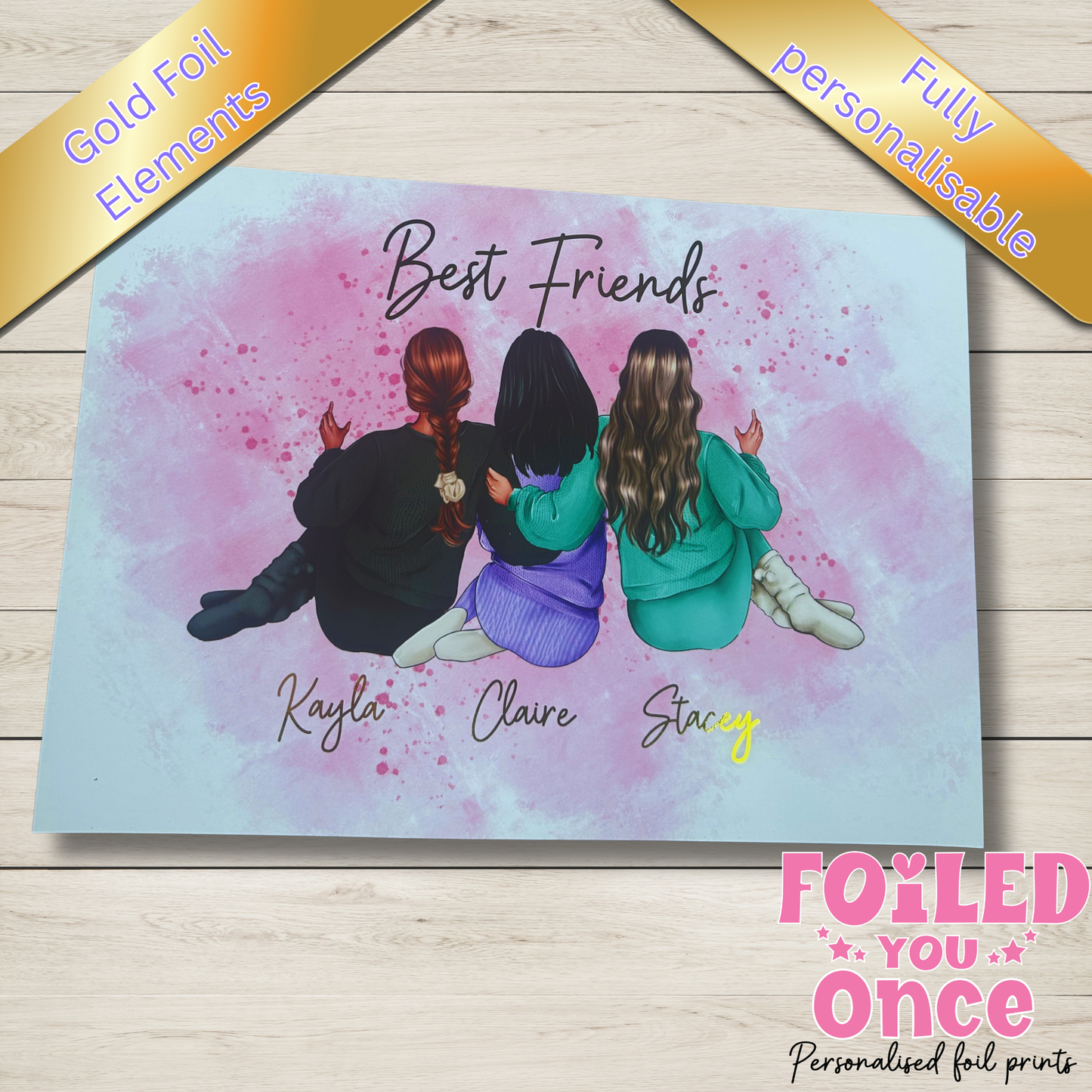 Custom best friend gift print with pink background and personalised names