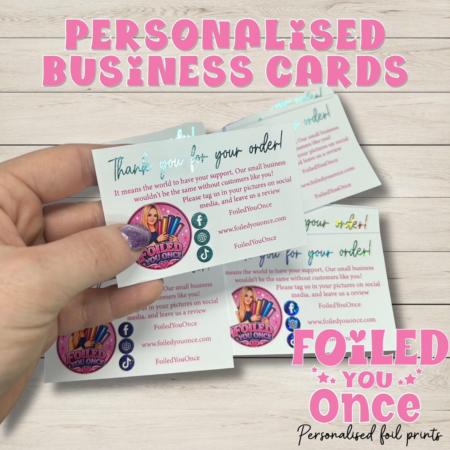 Personalised Foil Business Thank You Cards | Small Business Order Inserts | Custom Logo Cards | Foiled Social Media Icons | Packaging Cards