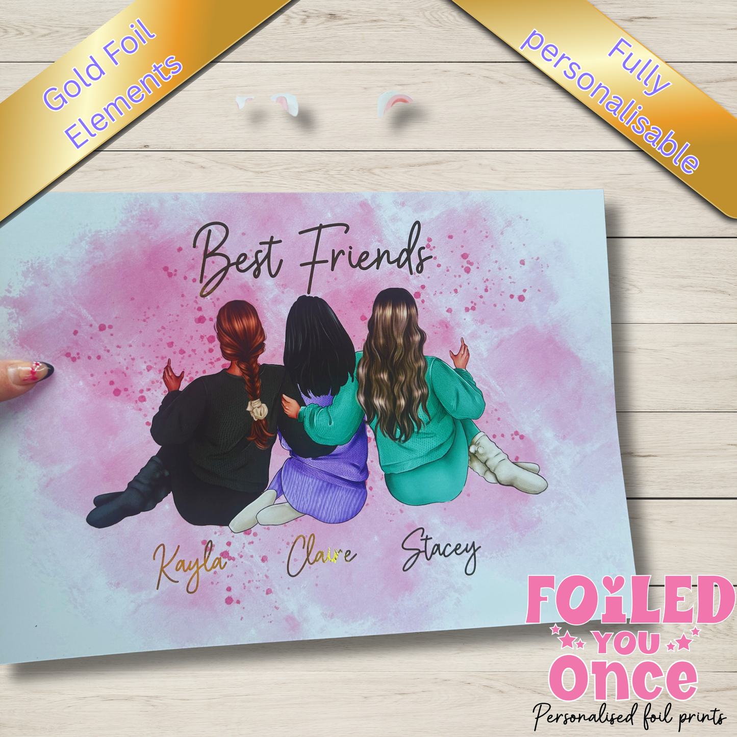 Personalised best friends A4 wall print with gold foil text and custom names