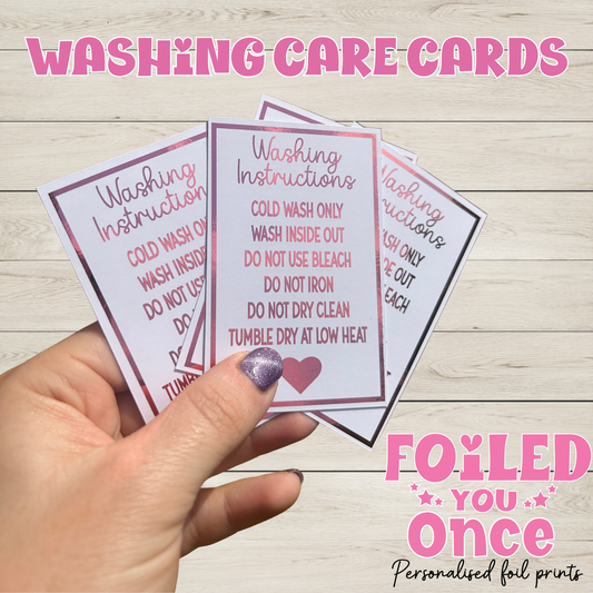 Washing Instruction Care Cards 85mm x 55mm | Clothing Care Cards | Small Business Packaging Inserts | Foil Finish Cards