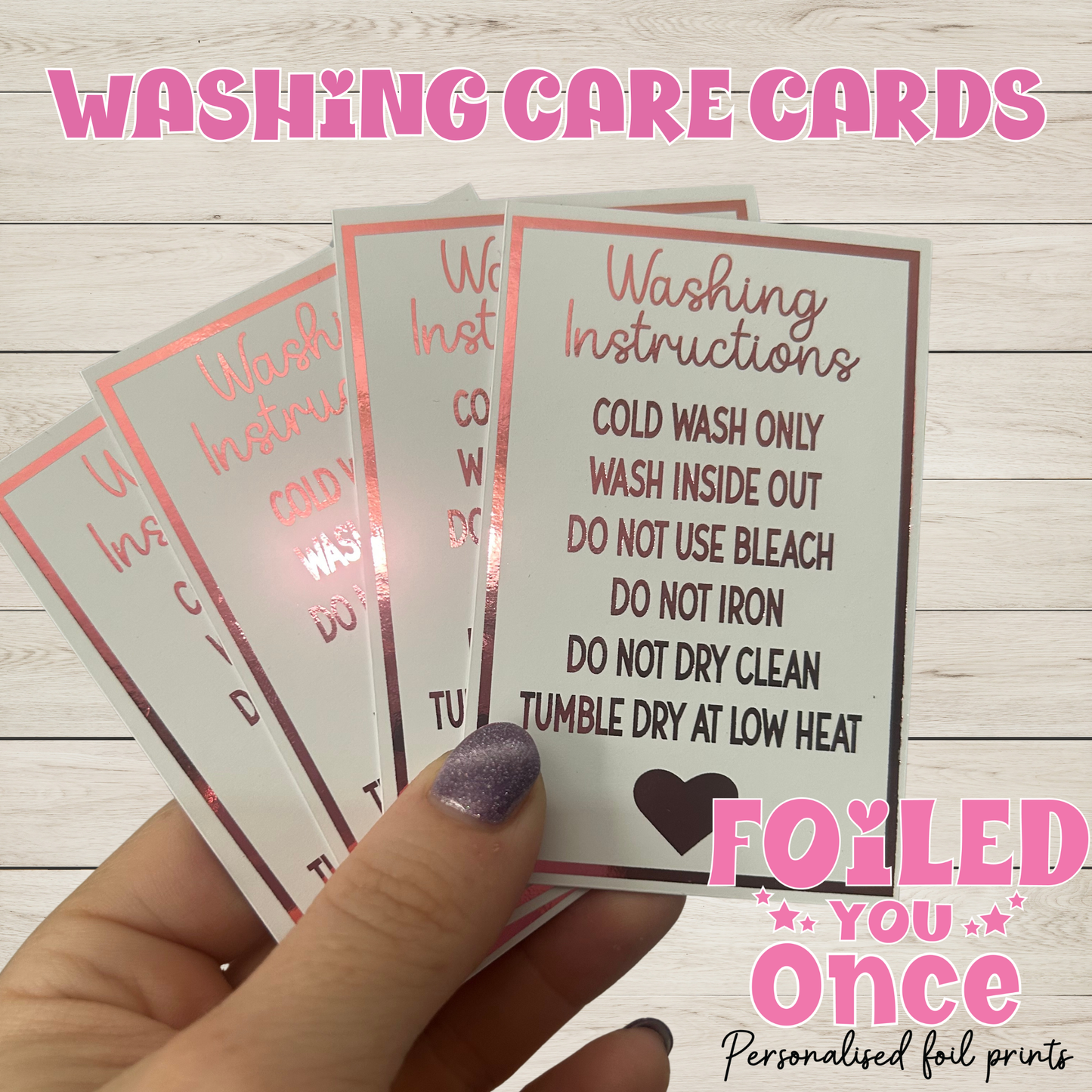 Washing Instruction Care Cards 85mm x 55mm | Clothing Care Cards | Small Business Packaging Inserts | Foil Finish Cards