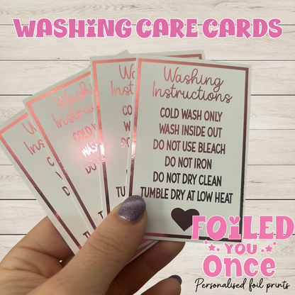 Washing Instruction Care Cards 85mm x 55mm | Clothing Care Cards | Small Business Packaging Inserts | Foil Finish Cards