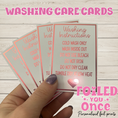 Washing Instruction Care Cards 85mm x 55mm | Clothing Care Cards | Small Business Packaging Inserts | Foil Finish Cards
