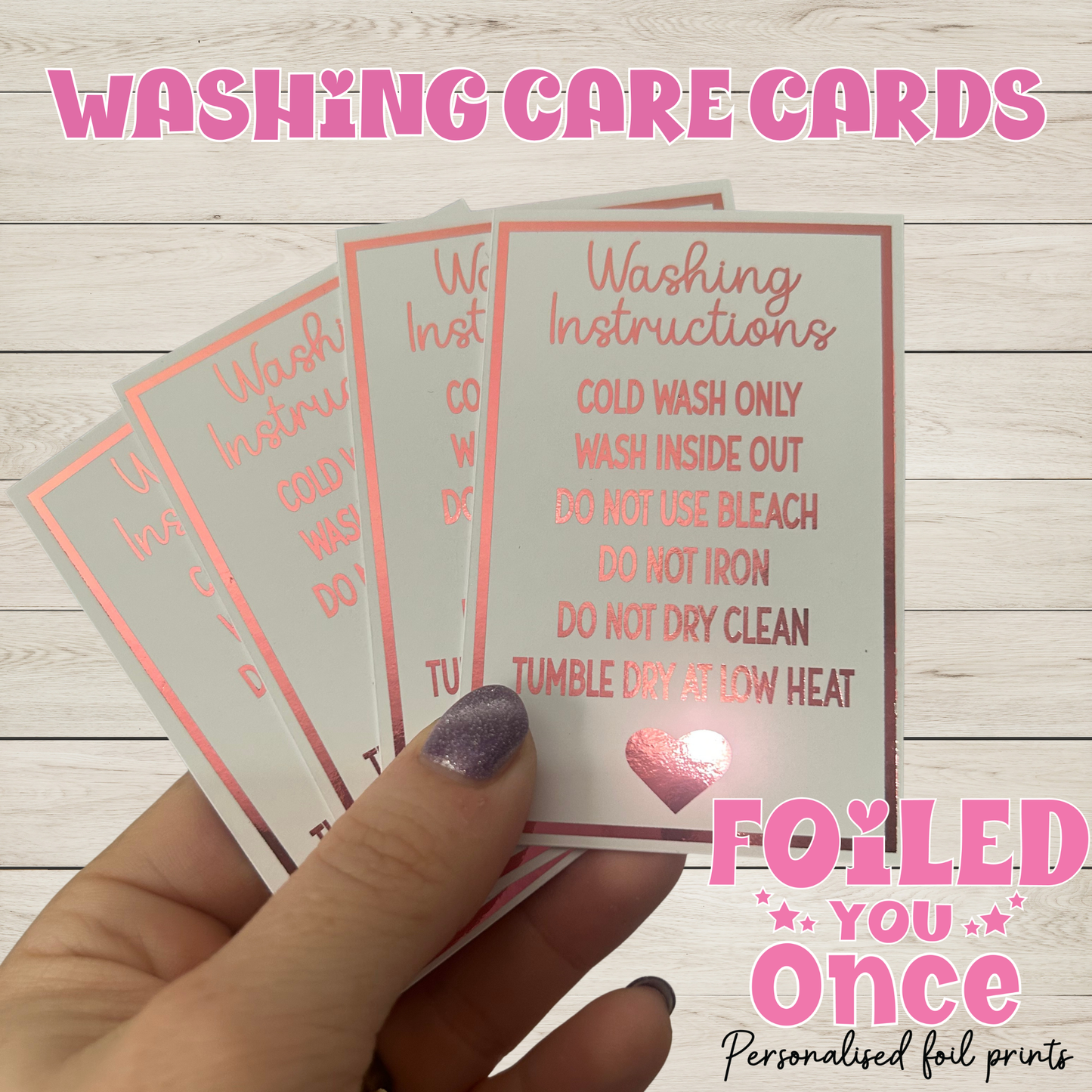 Washing Instruction Care Cards 85mm x 55mm | Clothing Care Cards | Small Business Packaging Inserts | Foil Finish Cards