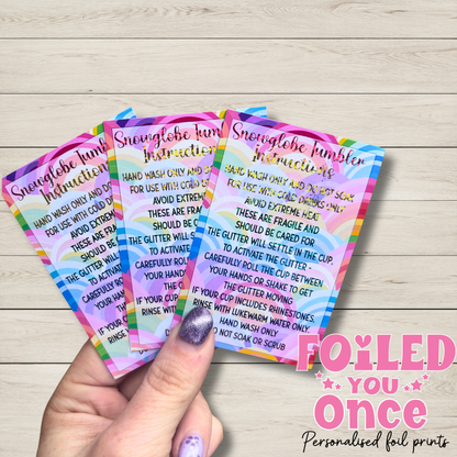 Rainbow Snow globe Tumbler Care Cards 85mm x 55mm |  Foil Care Instructions | Small Business Packaging Inserts