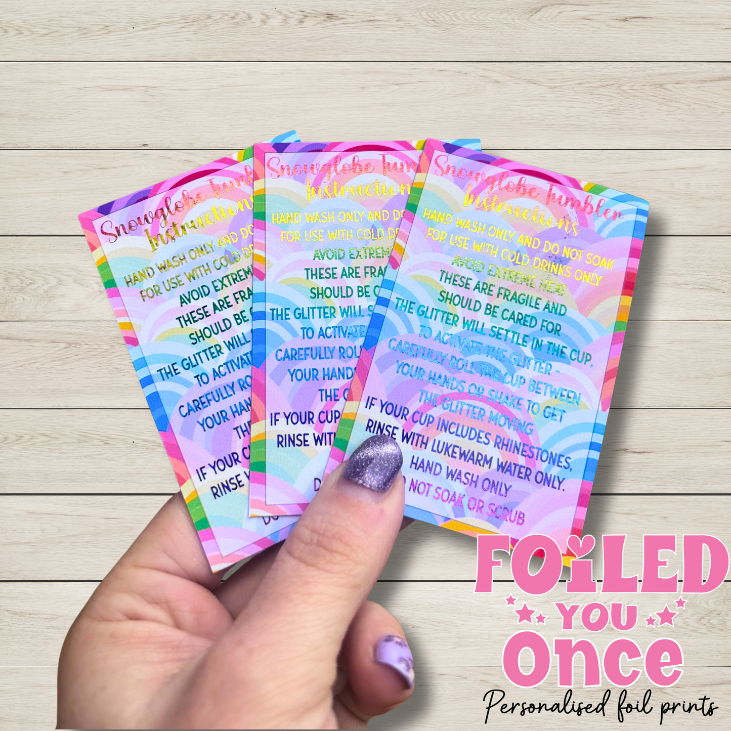 Rainbow Snow globe Tumbler Care Cards 85mm x 55mm |  Foil Care Instructions | Small Business Packaging Inserts