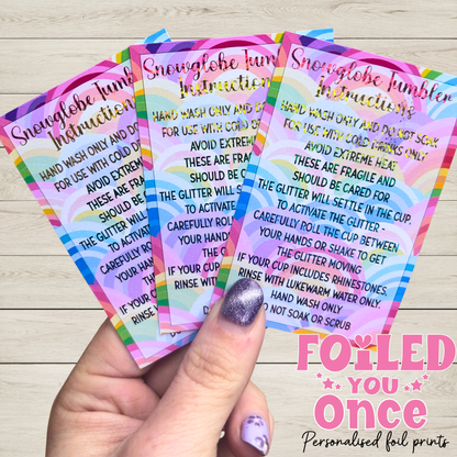 Rainbow Snow globe Tumbler Care Cards 85mm x 55mm |  Foil Care Instructions | Small Business Packaging Inserts