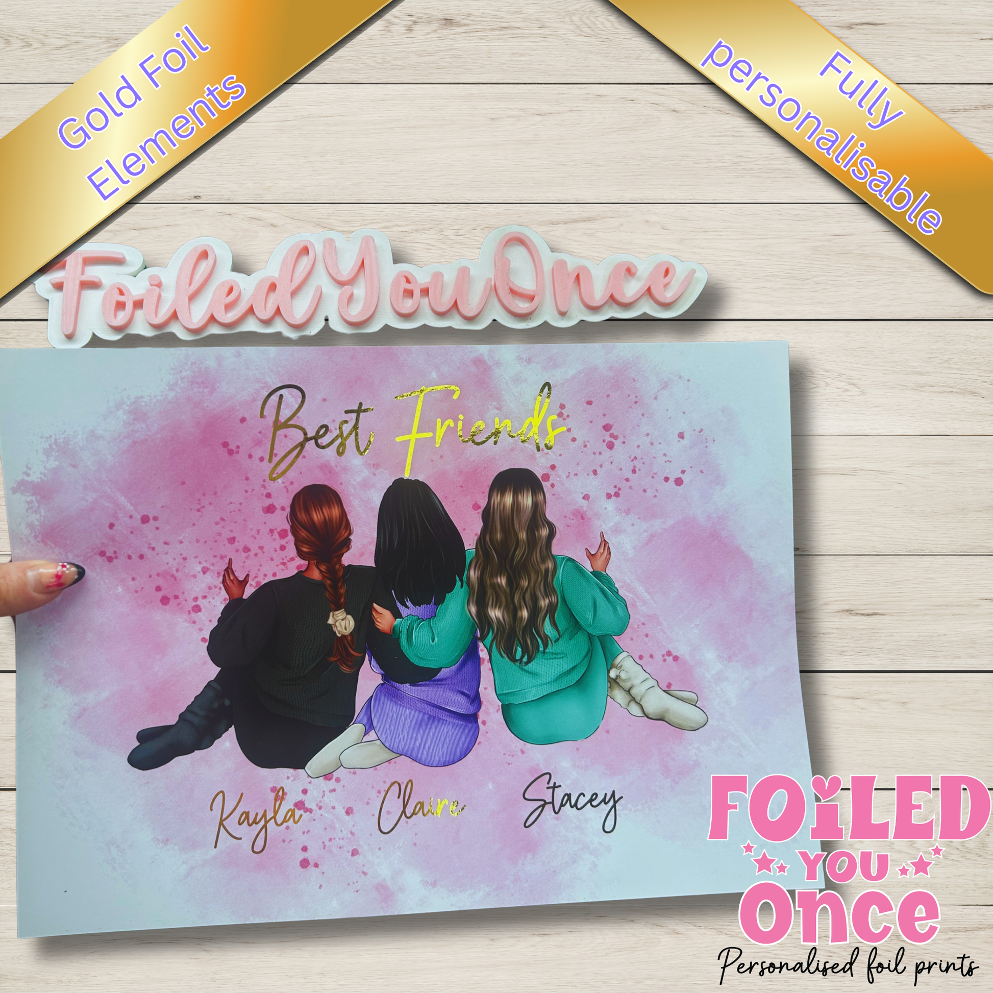 Foiled best friends friendship print on A4 card with personalised names