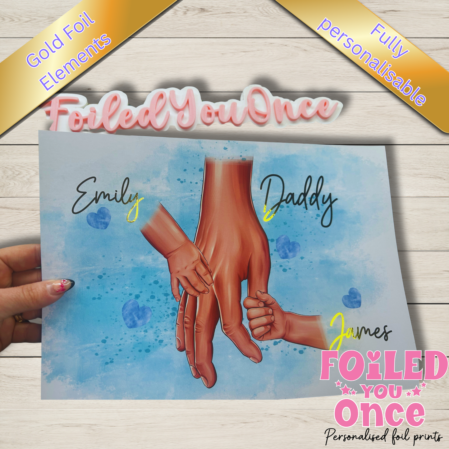 Personalised Daddy and Child Hands Print, Gold Foil Elements (Fully Personalised)