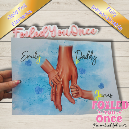 Personalised Daddy and Child Hands Print, Gold Foil Elements (Fully Personalised)
