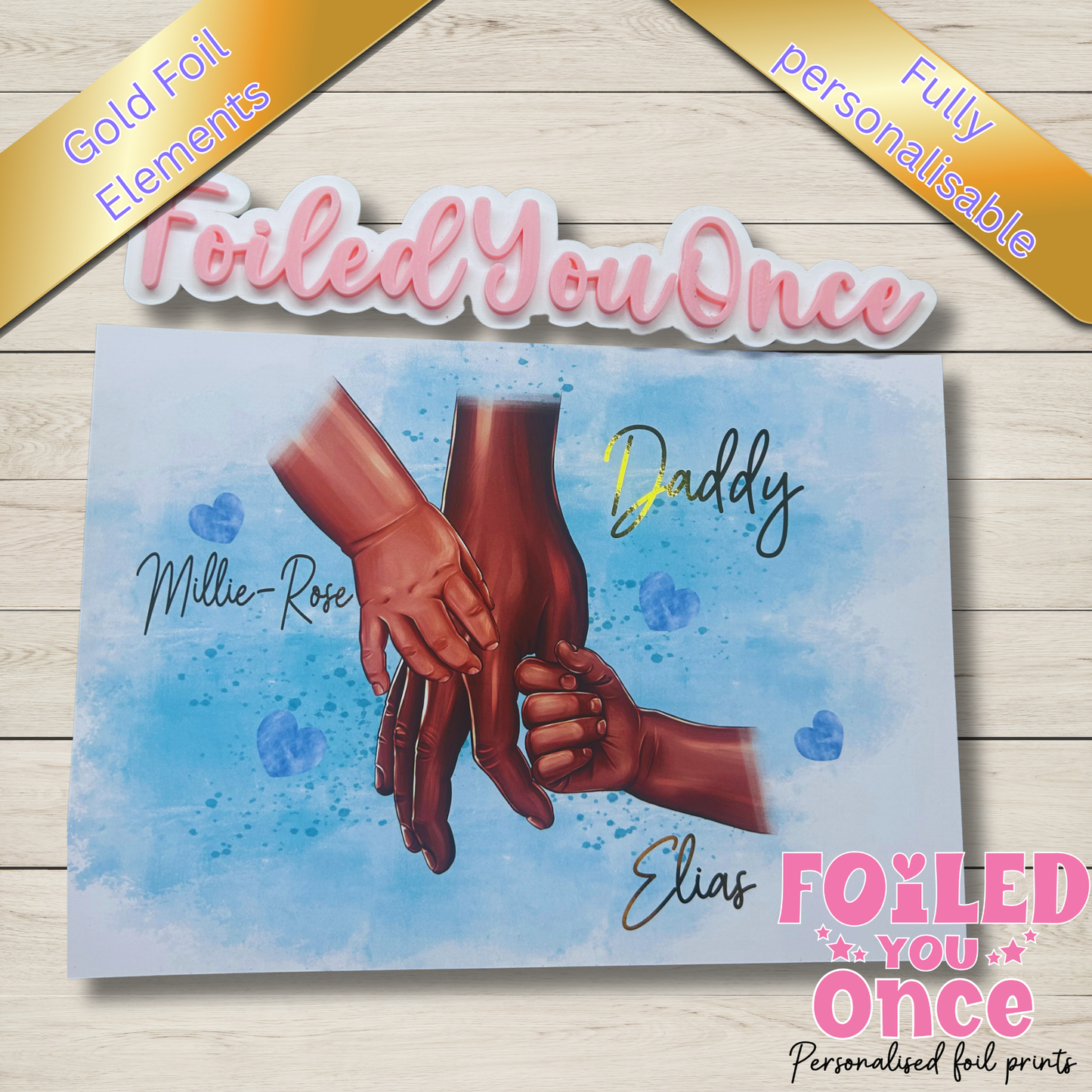 Personalised Daddy and Child Hands Print, Gold Foil Elements (Fully Personalised)