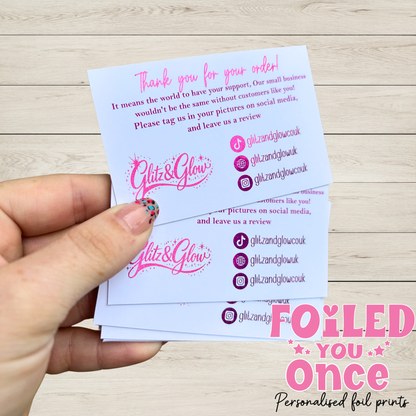 Personalised Foil Business Thank You Cards | Small Business Order Inserts | Custom Logo Cards | Foiled Social Media Icons | Packaging Cards