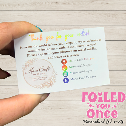 Personalised Foil Business Thank You Cards | Small Business Order Inserts | Custom Logo Cards | Foiled Social Media Icons | Packaging Cards