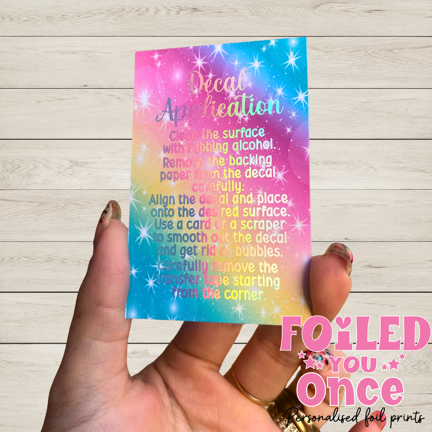 Decal Application Instruction Cards | Rainbow Holographic Foil | 85mm x 55mm | Small Business Packaging