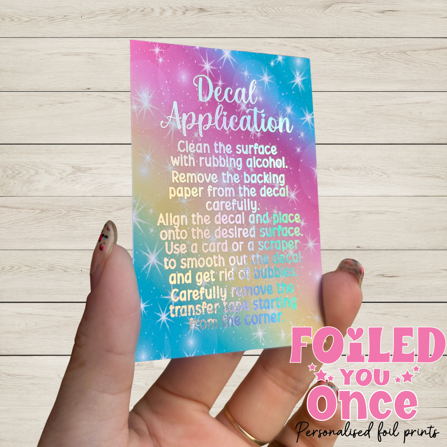Decal Application Instruction Cards | Rainbow Holographic Foil | 85mm x 55mm | Small Business Packaging