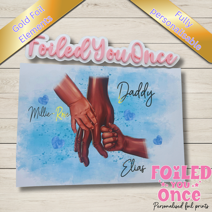 Personalised Daddy and Child Hands Print, Gold Foil Elements (Fully Personalised)