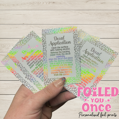Leopard Decal Application Instruction Cards | Gold Holographic Foil | 85mm x 55mm | Small Business Packaging