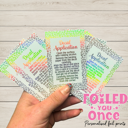 Leopard Decal Application Instruction Cards | Gold Holographic Foil | 85mm x 55mm | Small Business Packaging