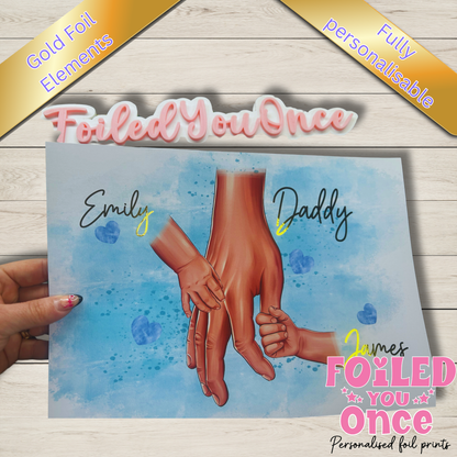 Personalised Daddy and Child Hands Print, Gold Foil Elements (Fully Personalised)