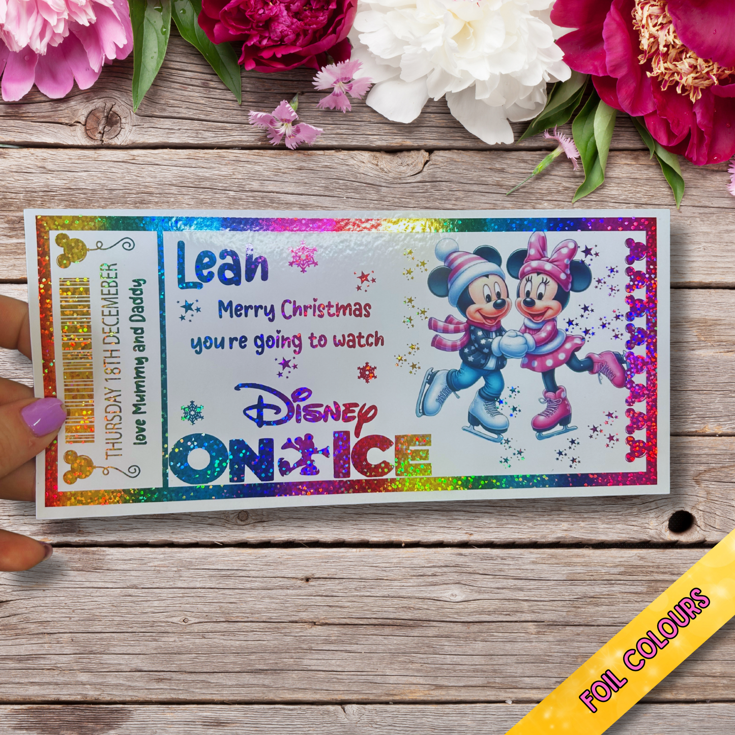 Disney on Ice Foiled Gift Ticket | 20x9cm Custom Keepsake Ticket | Gold Foil Voucher | Magical Gift Experience | Disney Fan Gift Idea