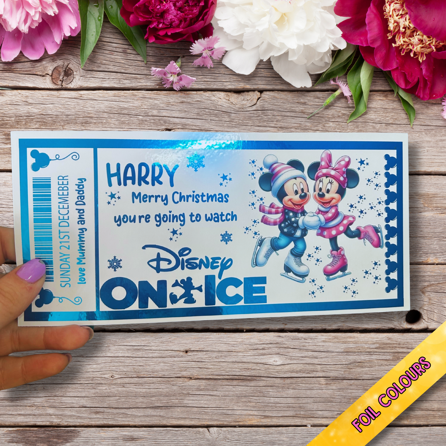 Disney on Ice Foiled Gift Ticket | 20x9cm Custom Keepsake Ticket | Gold Foil Voucher | Magical Gift Experience | Disney Fan Gift Idea