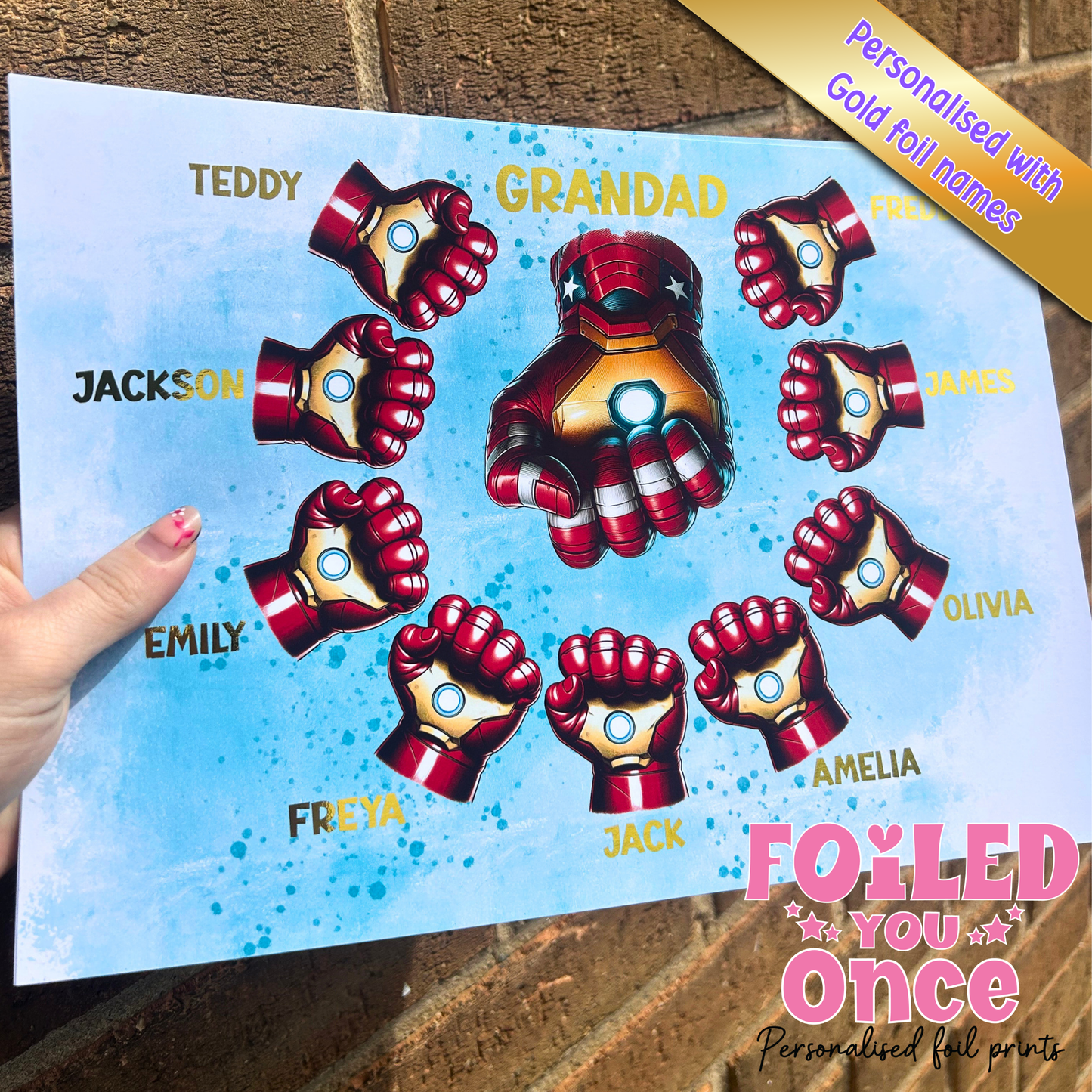 Personalised Superhero Dad Fist Bump A4 Print – Gold Foil Family Wall Art Gift for Dad