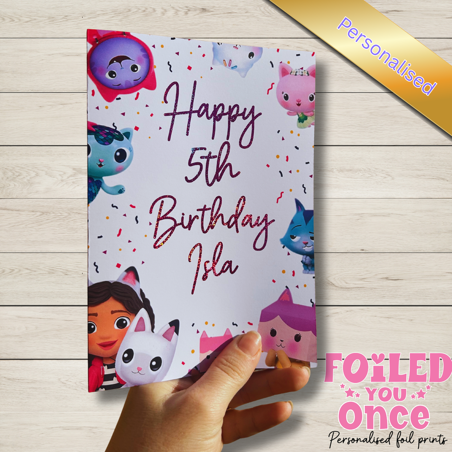 Gabby’s Dollhouse Personalised Birthday Card — Holographic Pink Foil (5x7”)