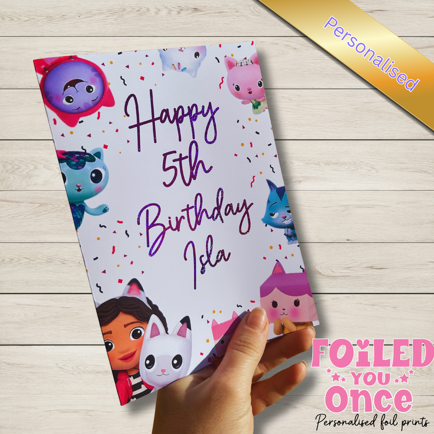 Gabby’s Dollhouse Personalised Birthday Card — Holographic Pink Foil (5x7”)