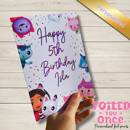Gabby’s Dollhouse Personalised Birthday Card — Holographic Pink Foil (5x7”)