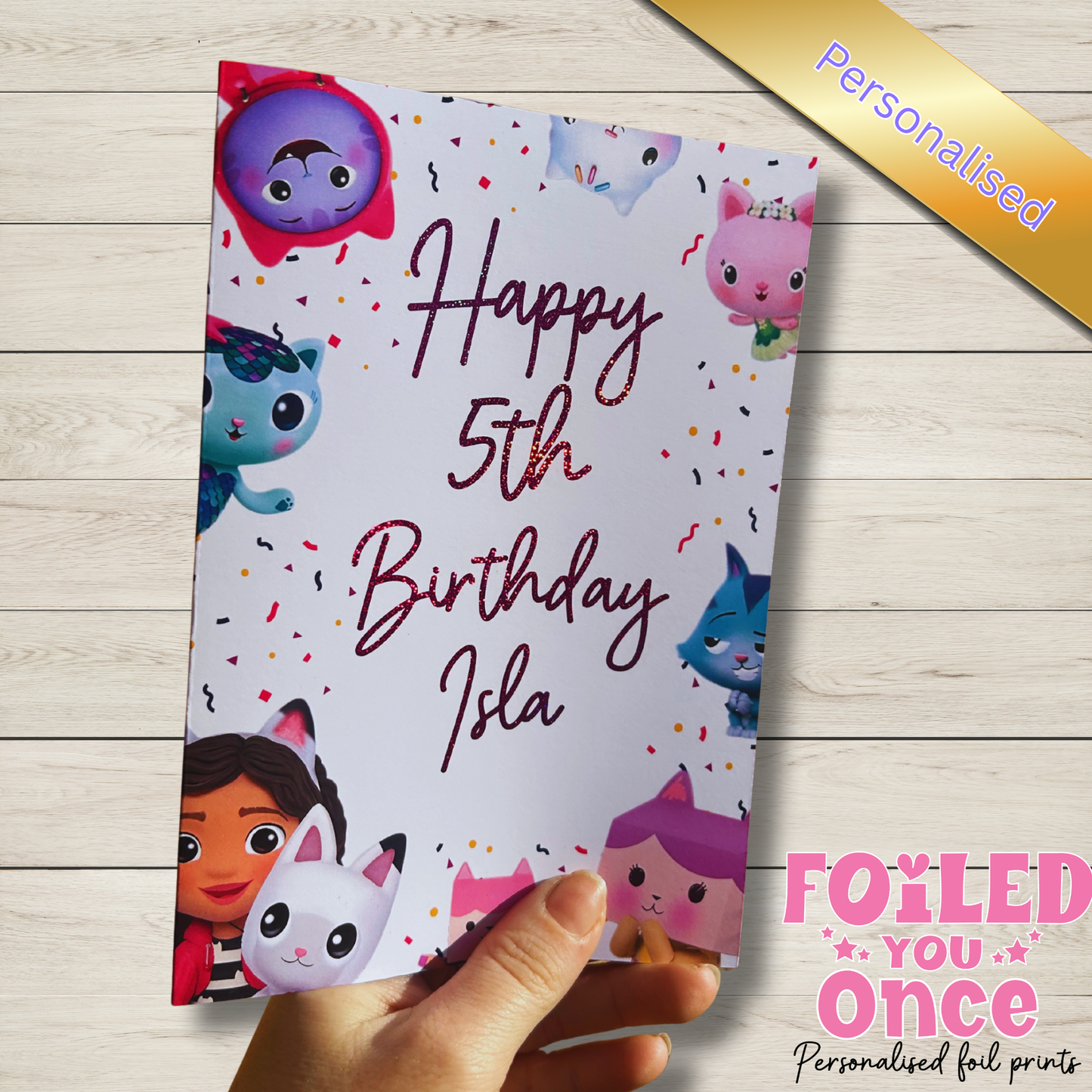 Gabby’s Dollhouse Personalised Birthday Card — Holographic Pink Foil (5x7”)