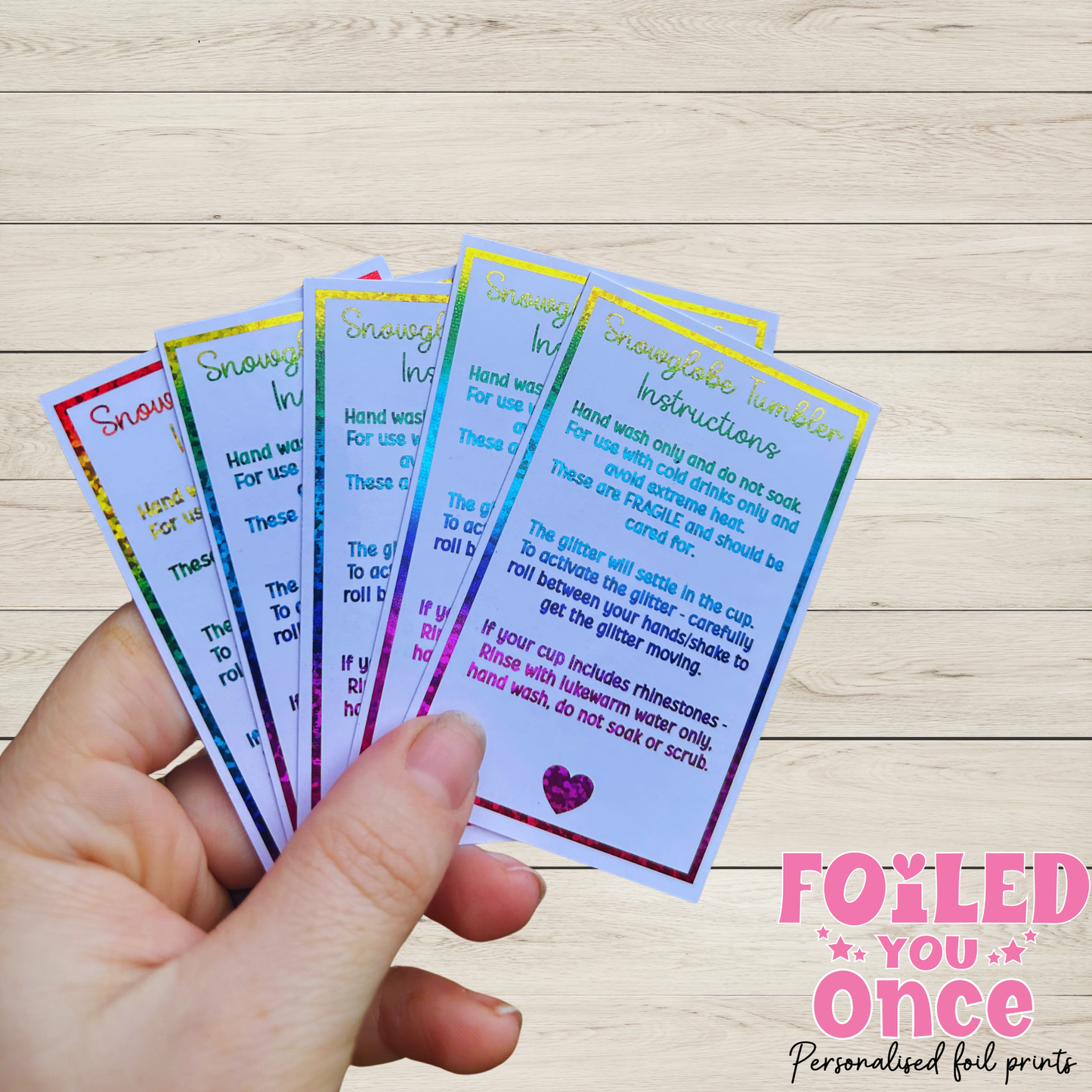 Snow globe Tumbler Care Cards 85mm x 55mm |  Foil Care Instructions | Small Business Packaging Inserts