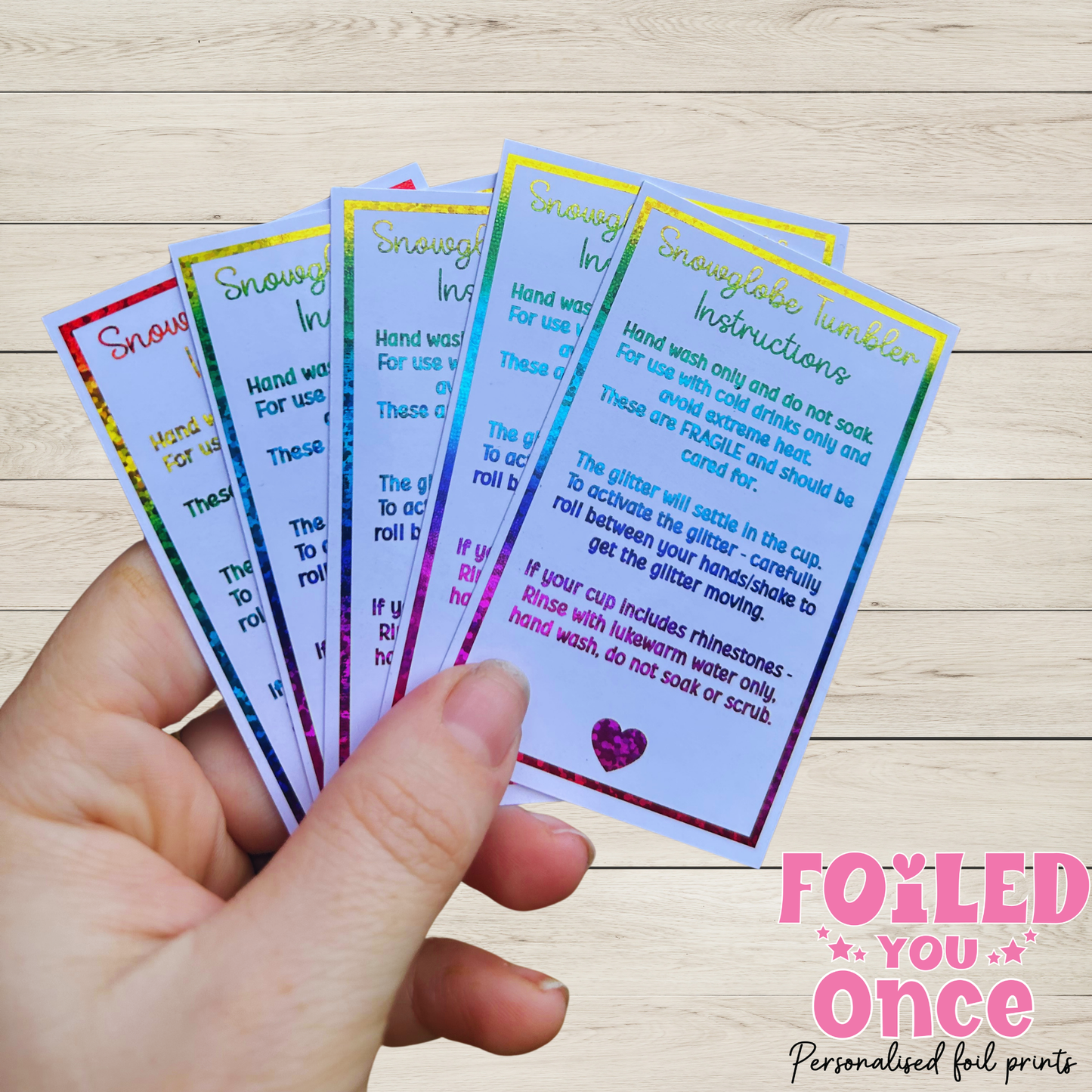 Snow globe Tumbler Care Cards 85mm x 55mm |  Foil Care Instructions | Small Business Packaging Inserts