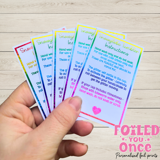 Snow globe Tumbler Care Cards 85mm x 55mm |  Foil Care Instructions | Small Business Packaging Inserts