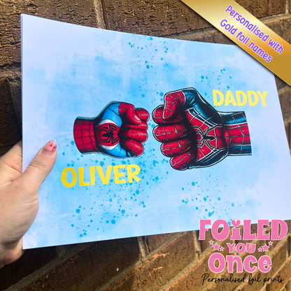 Personalised Superhero Dad Fist Bump A4 Print – Gold Foil Family Wall Art Gift for Dad
