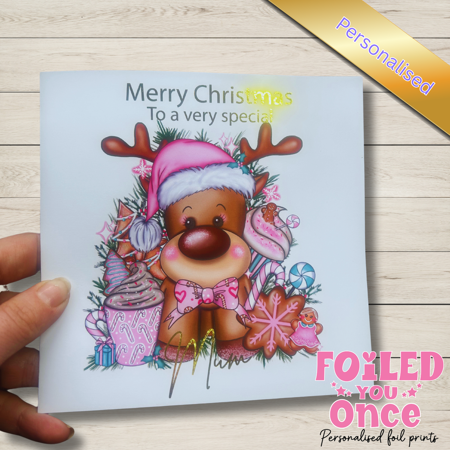 Cute Personalised Reindeer Christmas Card – Gold Foil – 6x6" Reindeer lover