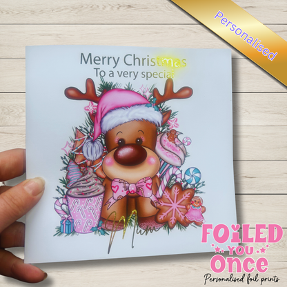 Cute Personalised Reindeer Christmas Card – Gold Foil – 6x6" Reindeer lover