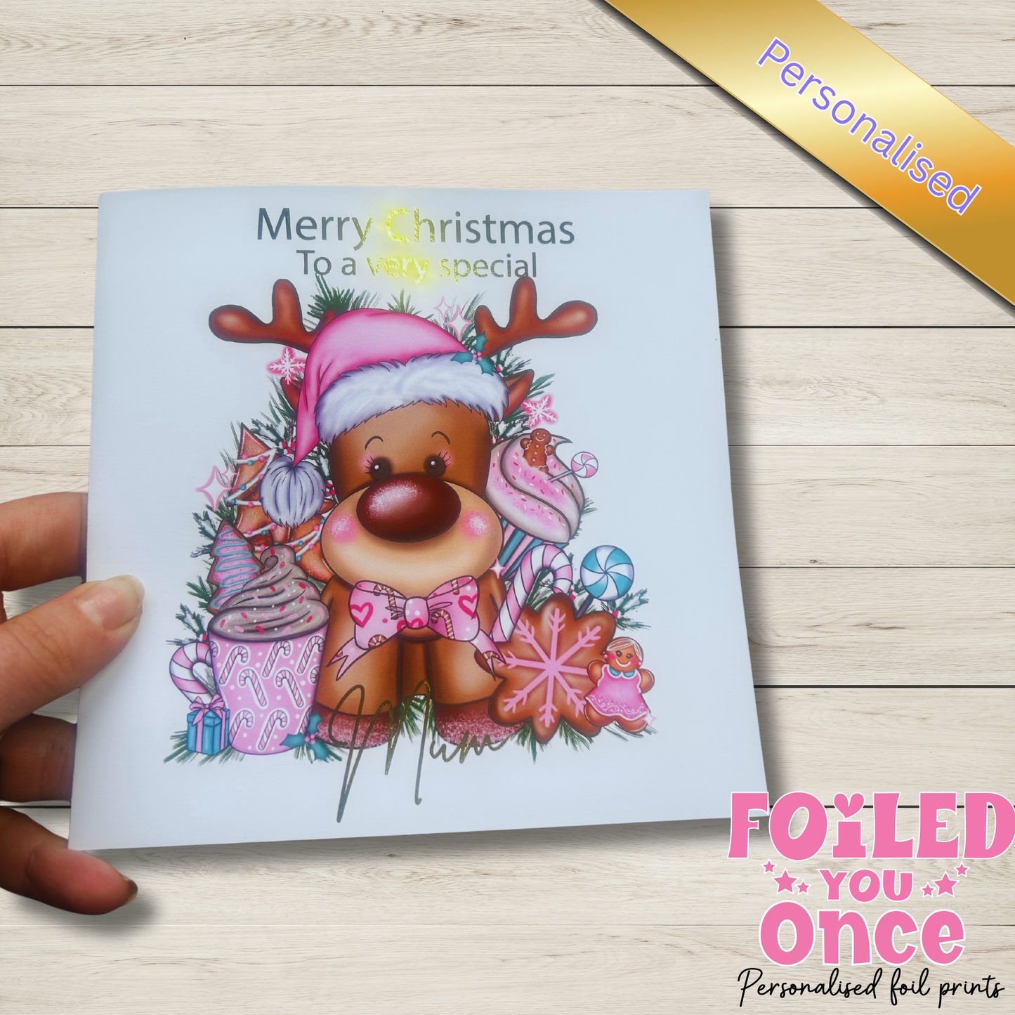 Cute Personalised Reindeer Christmas Card – Gold Foil – 6x6" Reindeer lover