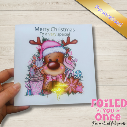 Cute Personalised Reindeer Christmas Card – Gold Foil – 6x6" Reindeer lover