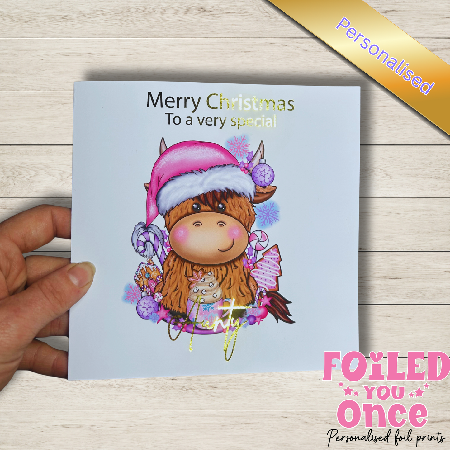 Highland Cow Christmas Card – Hand Foiled Luxury Personalised Xmas Card