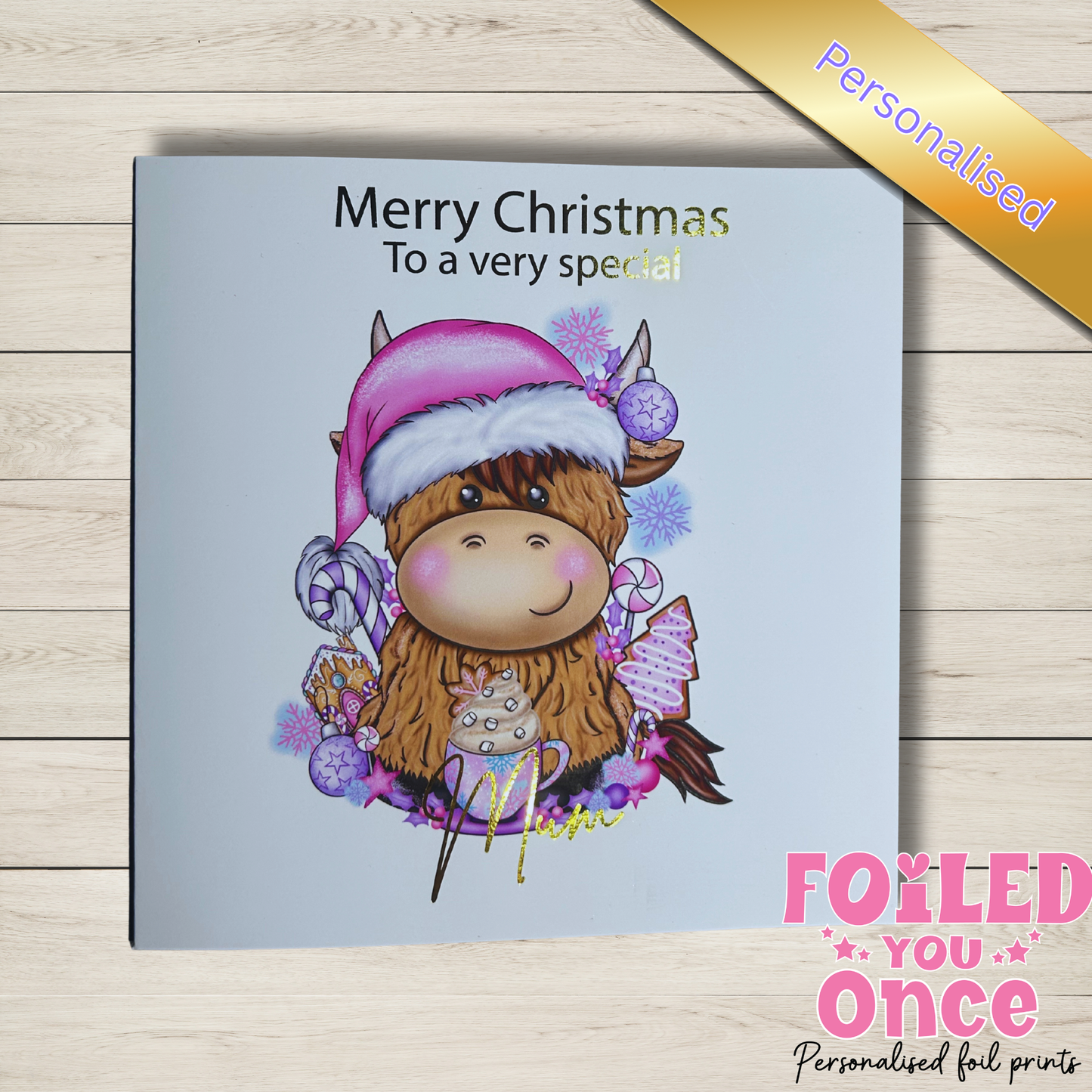 Highland Cow Christmas Card – Hand Foiled Luxury Personalised Xmas Card