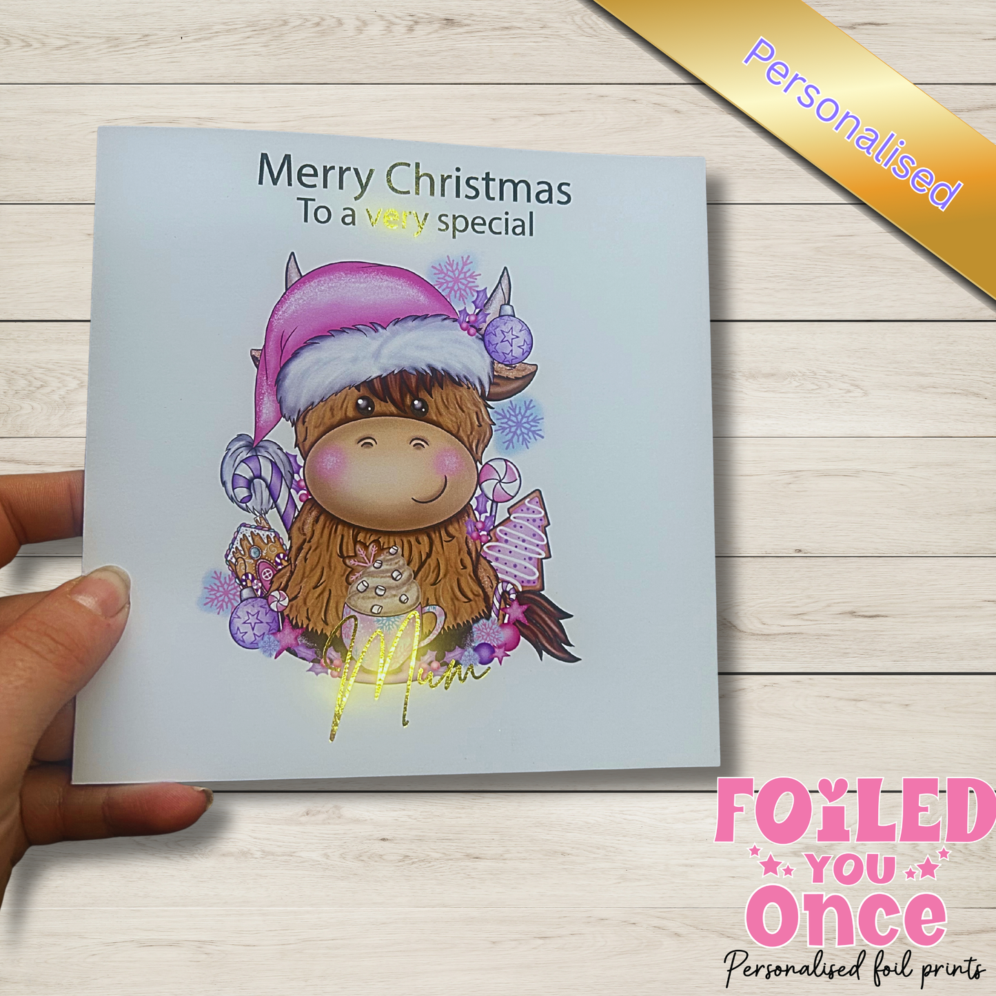 Highland Cow Christmas Card – Hand Foiled Luxury Personalised Xmas Card
