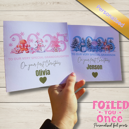 Personalised first Christmas 2025 card featuring stunning watercolour images