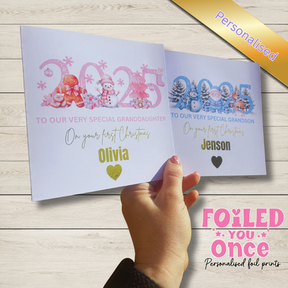 Personalised first Christmas 2025 card featuring stunning watercolour images