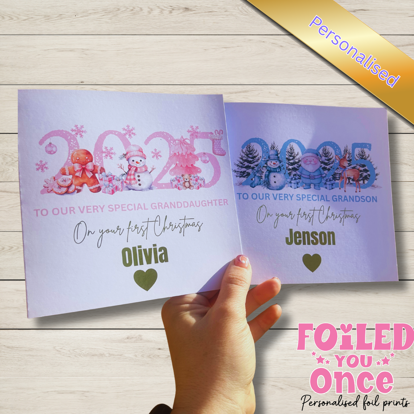 Personalised first Christmas 2025 card featuring stunning watercolour images