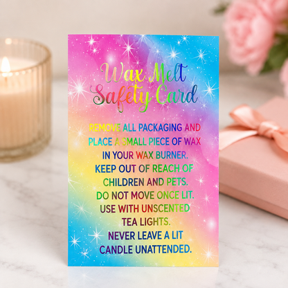 Personalised Wax Melt Safety Cards | Rainbow Holographic Foil | Wax Melt Care Cards | Small Business Packaging | Handmade Business
