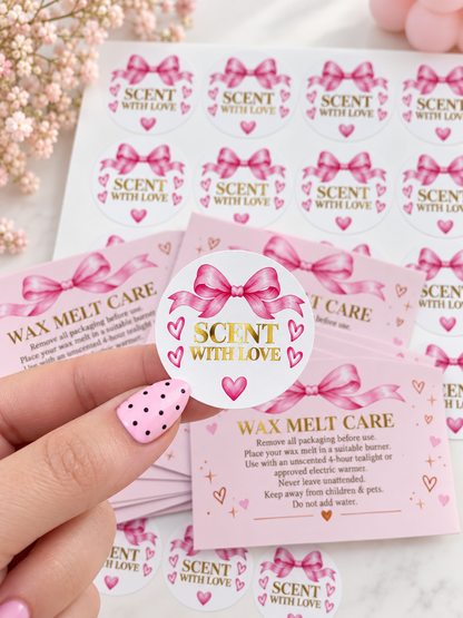 Wax Melt Care Cards & Foiled Stickers Bundle | 20 Cards + 35 Stickers
