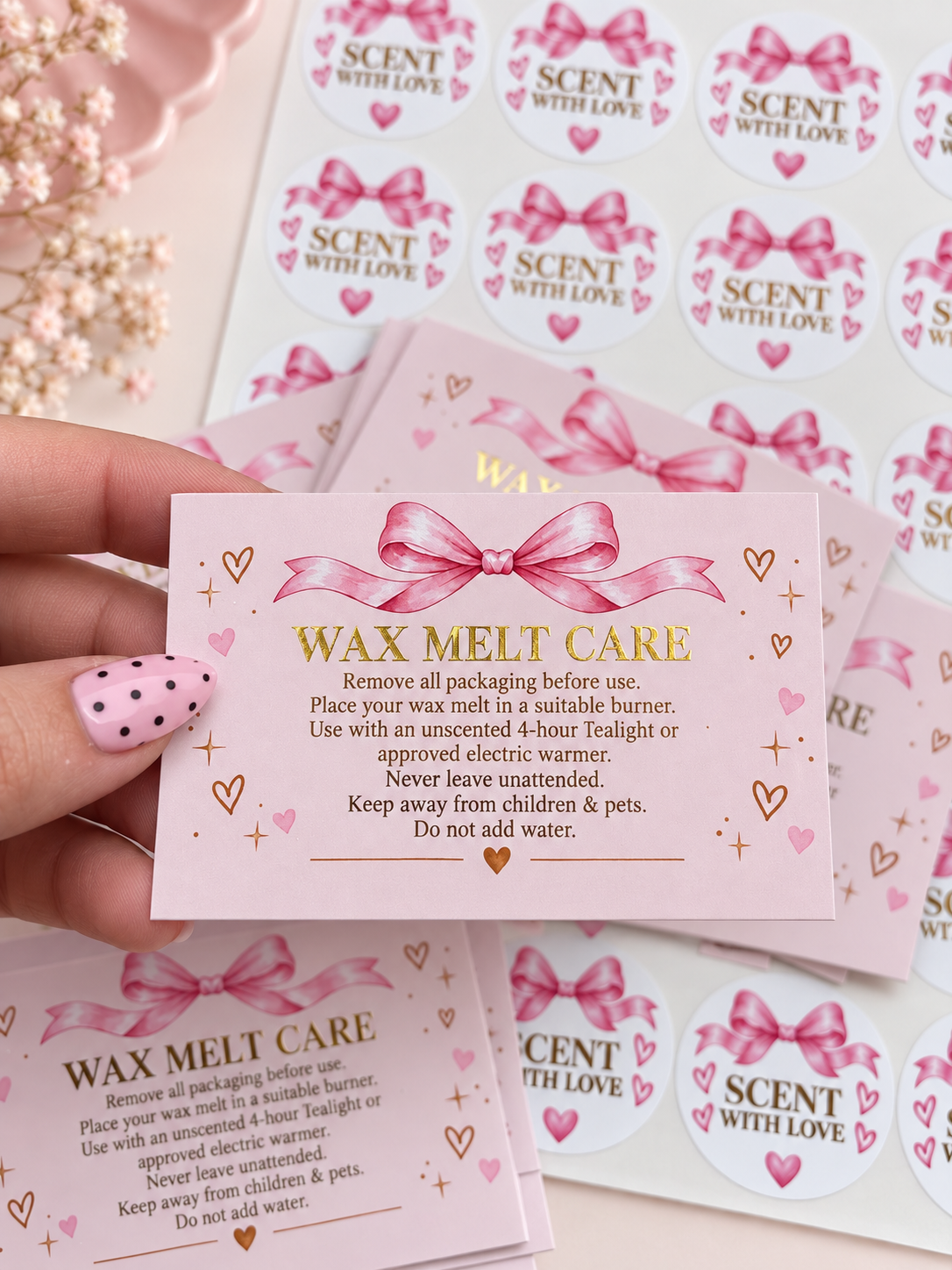 Wax Melt Care Cards & Foiled Stickers Bundle | 20 Cards + 35 Stickers